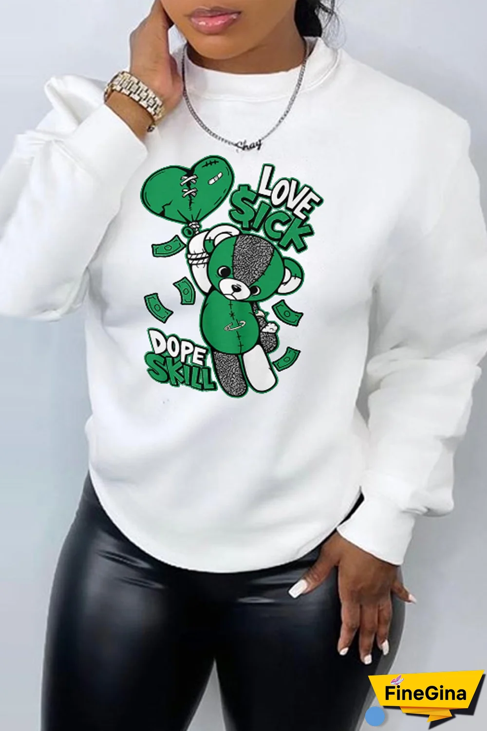 Black Daily Cute Print Patchwork O Neck Tops