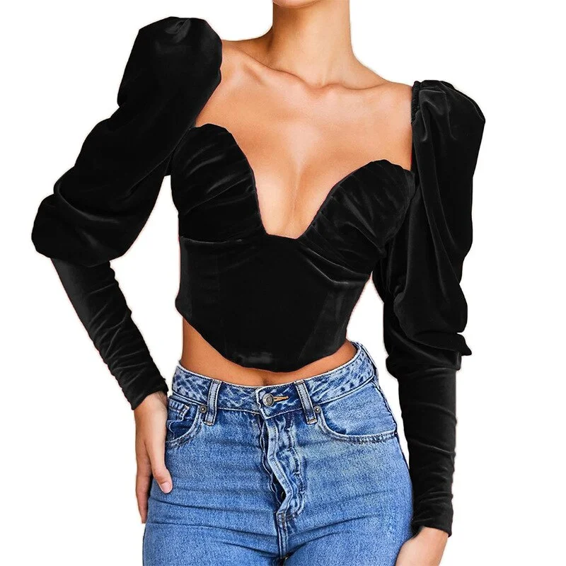 Women's T-shirt 2021 Puff Sleeve Crop Top Women Elegante Female Clothing Fashion Backless Sexy Flannel Folds T Shirt