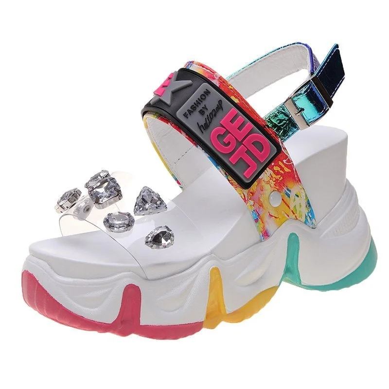 Lucyever 2020 New Women Summer Wedge Sandals Transparent PVC Crystal Chunky Platform Shoes Woman Rainbow Thick Bottom Sandalias