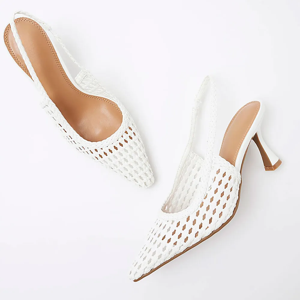 White Pointed Toe Woven Wedding Slingback Heels with Cut-Outs