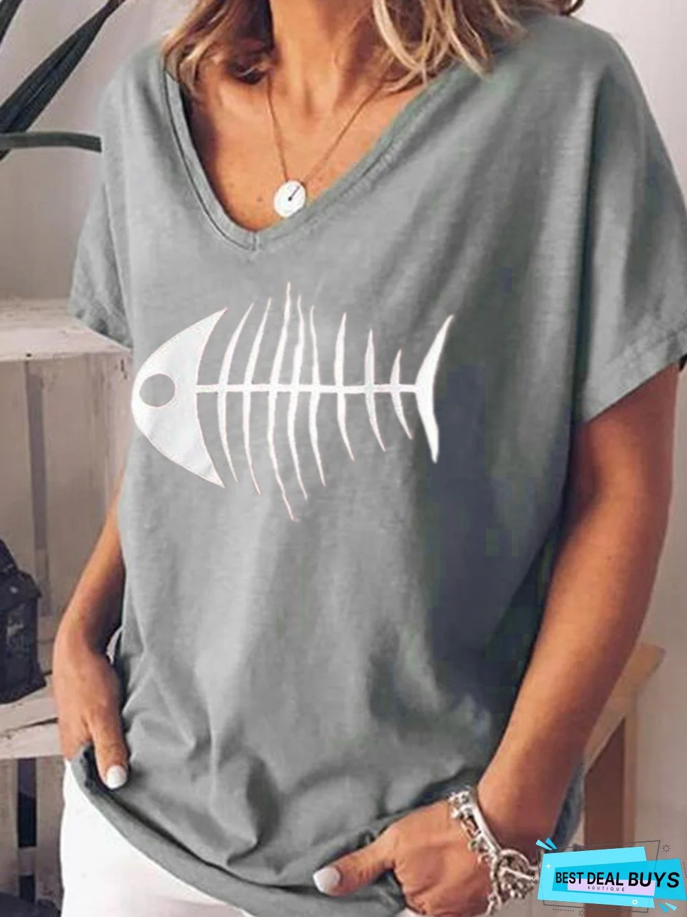 Cotton-Blend V Neck Short Sleeve Casual T-shirt