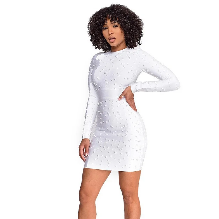 Beading Embellished Long Sleeve Bodycon Dress White Dresses