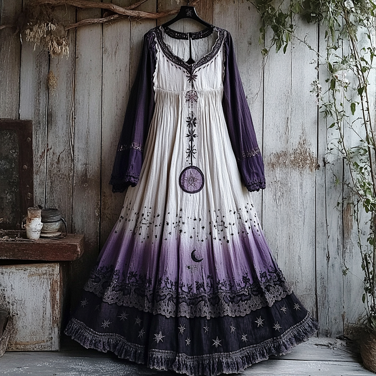Women's Retro Tribal Star And Moon Gradient Design Long Dress