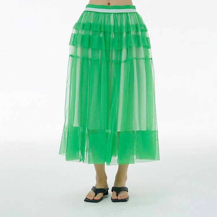 Temperament Perspective Ruffle Mesh Elastic Waist A-line Skirt