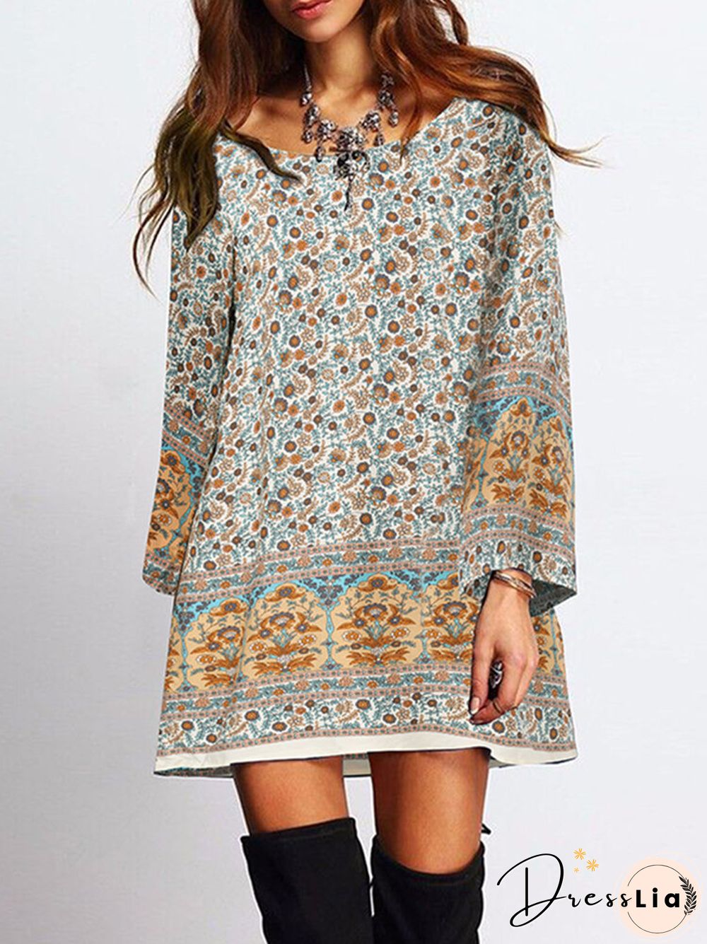 Floral Print Bohemian Long Sleeve Crew Neck Dress For Women