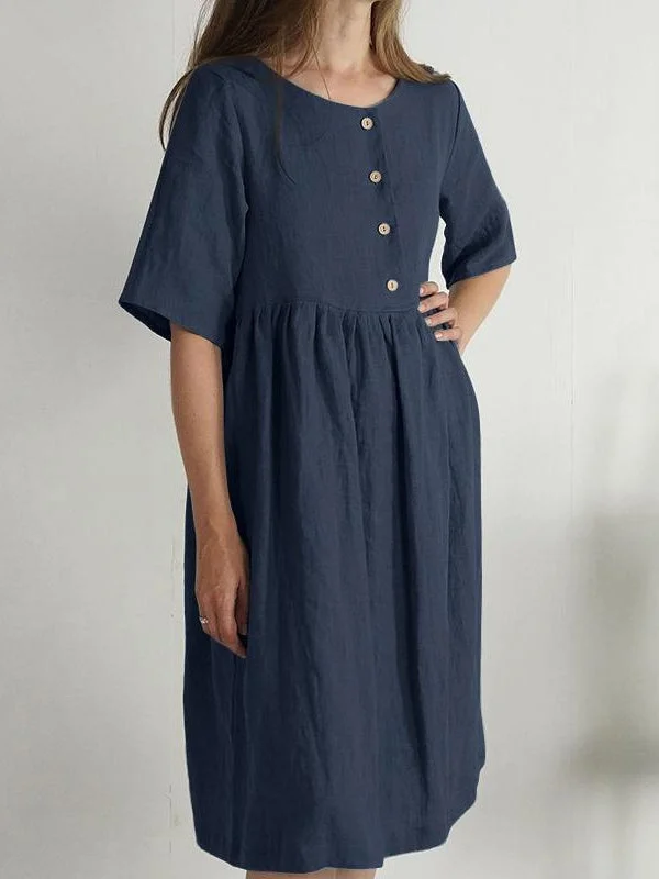 Loose Round Neck Short Sleeve Pocket Solid Color Linen Dress
