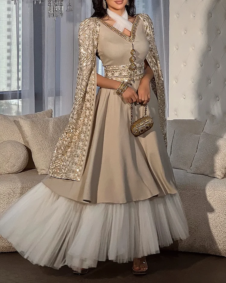 Women's V-Neck Mesh Sequin Dress