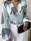 Deep V-Neck Leopard Print Long Sleeve Stylish Blouses&Shirts Tops