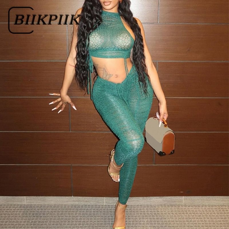 BIIKPIIK Mesh See-through Two Piece Sets Women Solid Sleeveless Tank Tops + Drawstring Pants Female Sexy Casual Matching Clothes