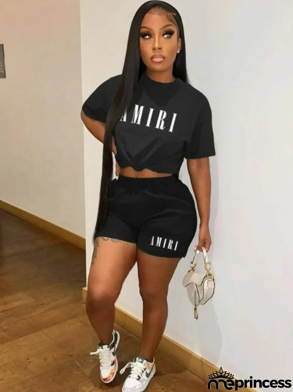 Women's Printed Round Neck Short Sleeve Shorts Two-Piece Set