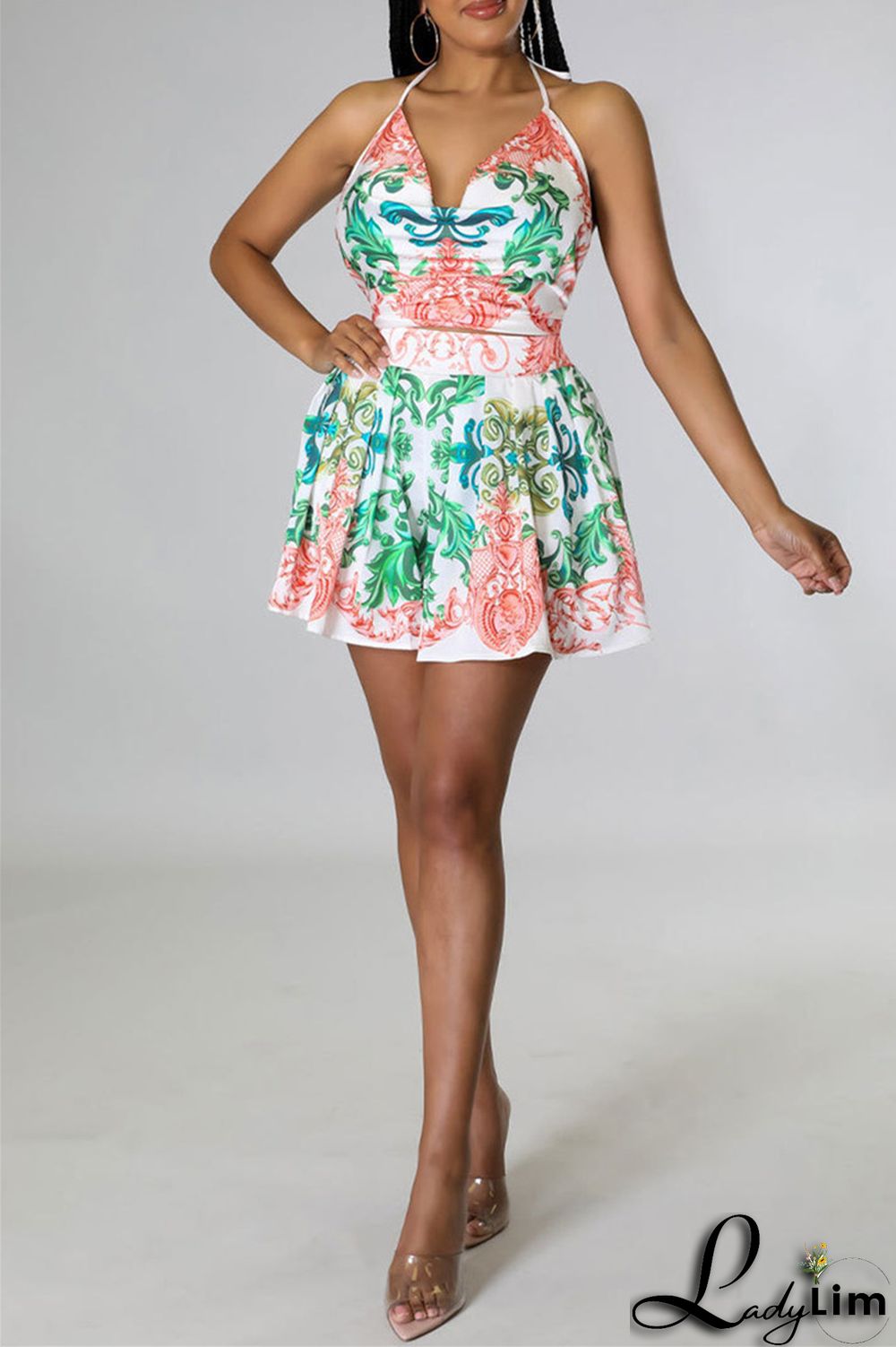 Blue Fashion Sexy Print Bandage Backless Halter Sleeveless Two Pieces