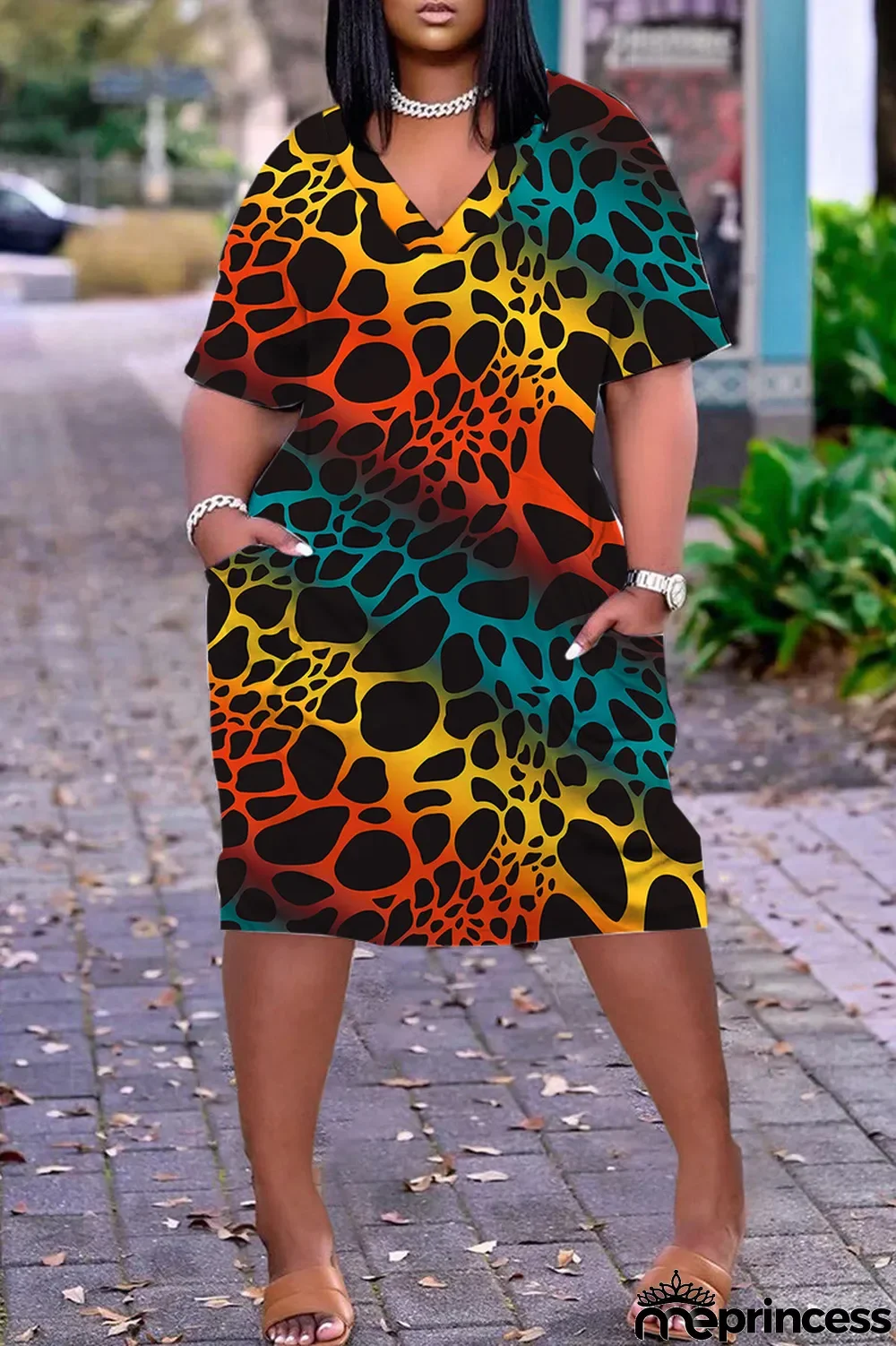 Orange Red Casual Print Patchwork Basic V Neck Short Sleeve Dress