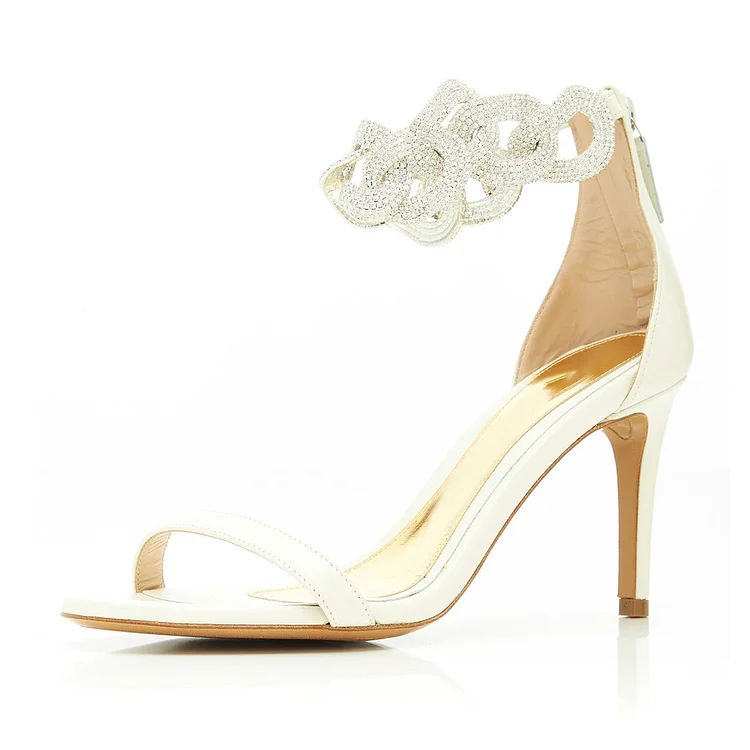 White Wedding Sandals Open Toe Rhinestone Ankle Strap Heels |FSJ Shoes