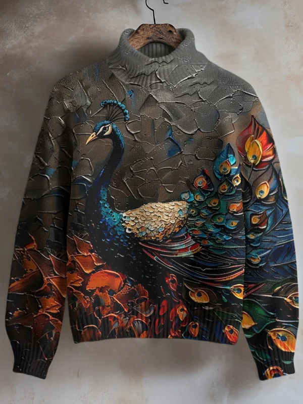 Women's Peacock Oil Painting Print High Neck Knit Sweatshirt