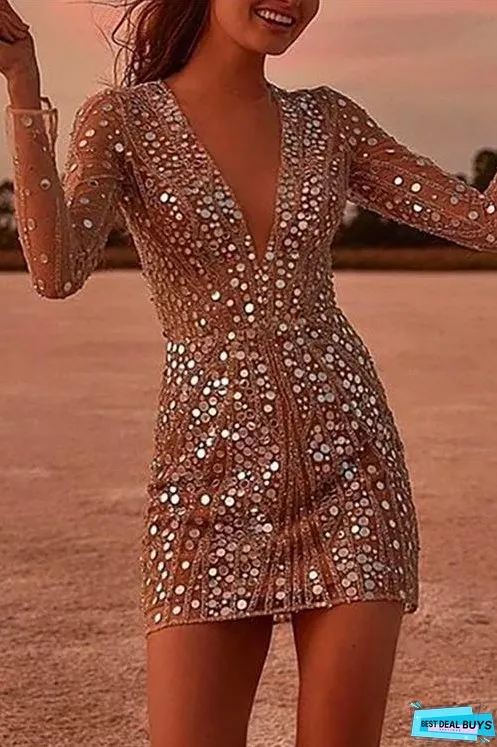 Meridress Deep V Neck Mesh Sleeve Mini Sequin Club Dress