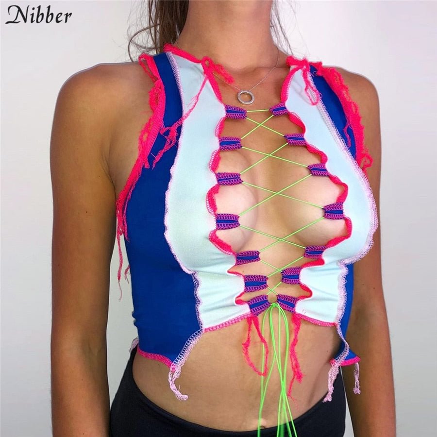 Nibber sexy hollow Contrast patchwork Ribbed knitting top camisole women Bandage low cut crop top club party wear tank top mujer
