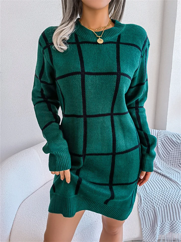 Autumn and Winter Casual Color-Collision Plaid Long Sleeve Bottom Sweater Dress Straight Mid Waist Round Neck Women's