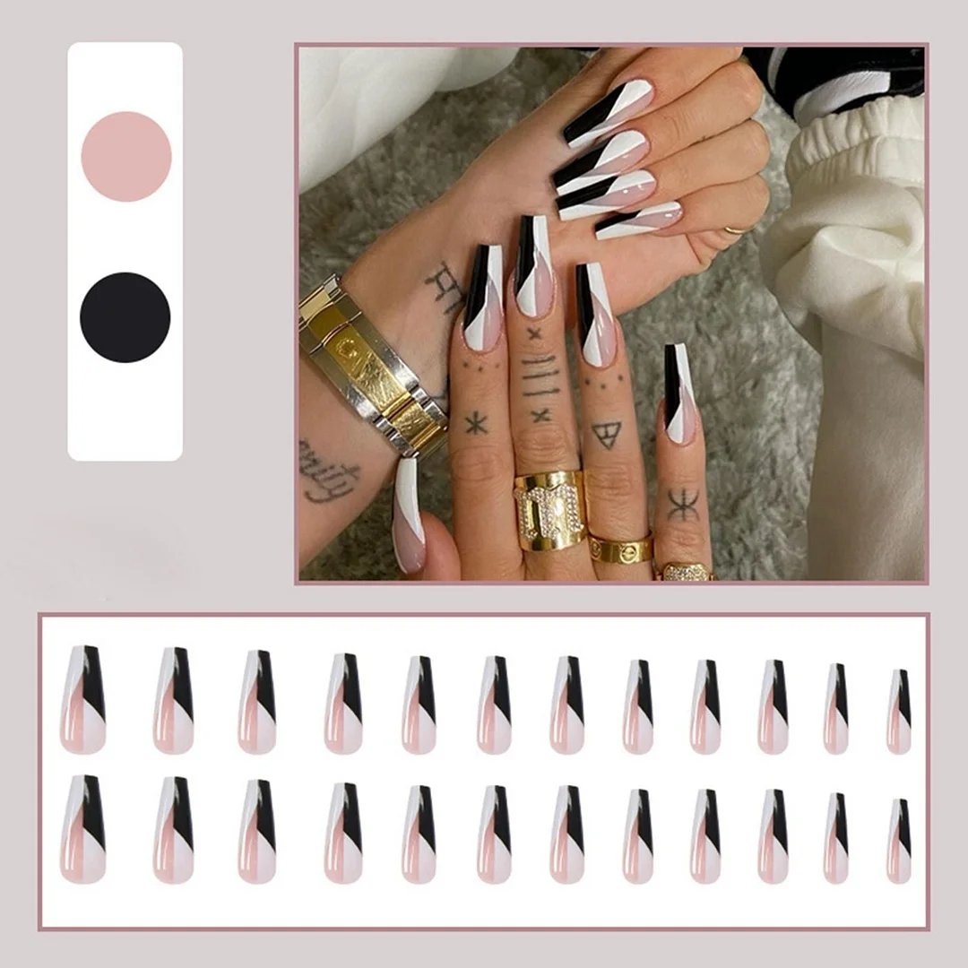 24pcs Coffin Fake Nails Long Mixed Black White Blood Pattern Press On Nails with Glue Removable Ballerina False Nails Full Tips-Nail Inspo