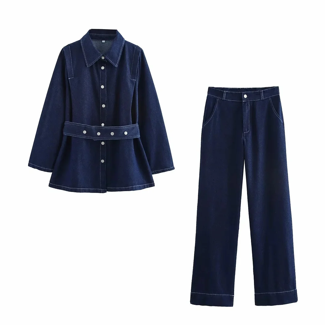 Nigikala Nigikala For Women's INS Burst Belt Collar Denim Jacket + Trousers Set