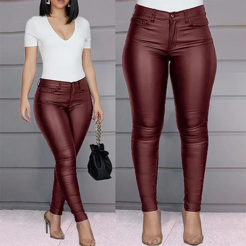 Nigikala Nigikala Women's Pants Solid Color PU Leather Pants Sexy Small Foot Pants Spicy Trousers High Waist Thin