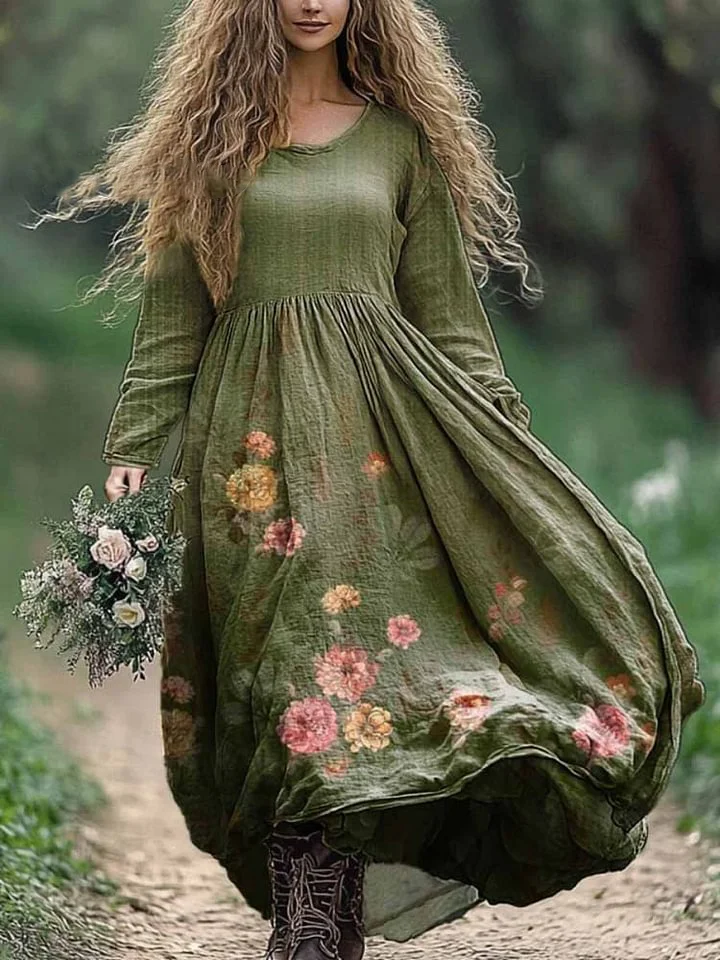 Crew Neck Vintage Floral Cotton Pocket Dress