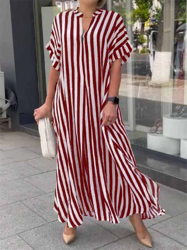 Hot Spring and Summer New Women's Sleeves Striped Plaid Print Loose Waist V-neck Open Large Hem Long OL Commuter Dresses