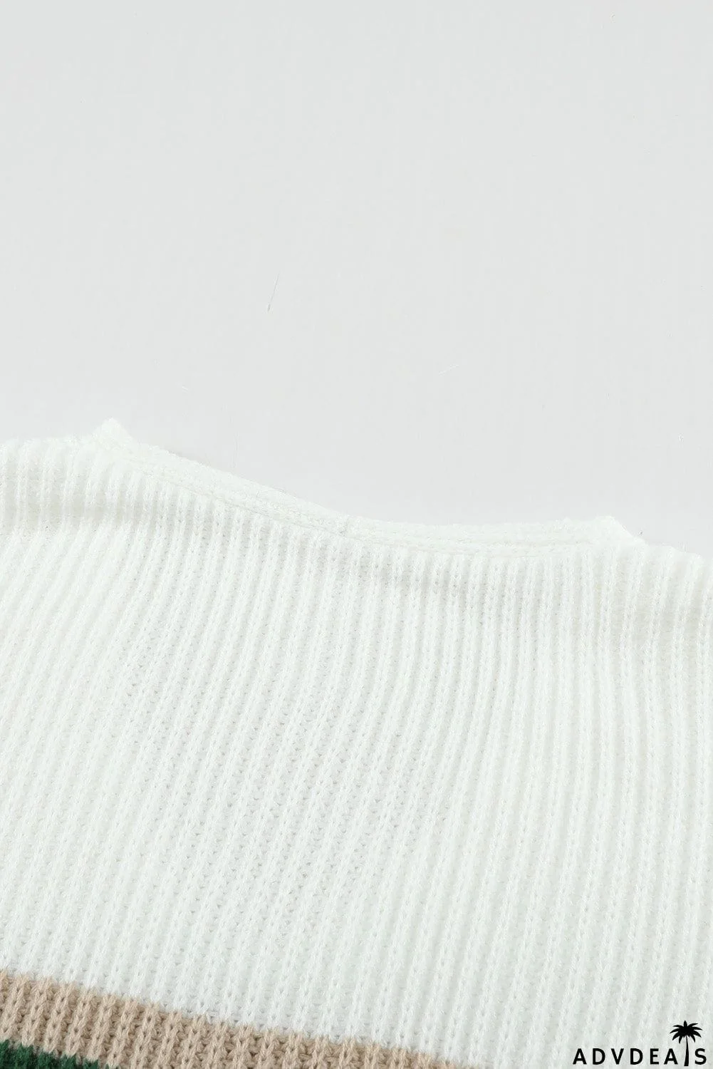 Khaki Colorblock V Neck Ribbed Knitted Sweater