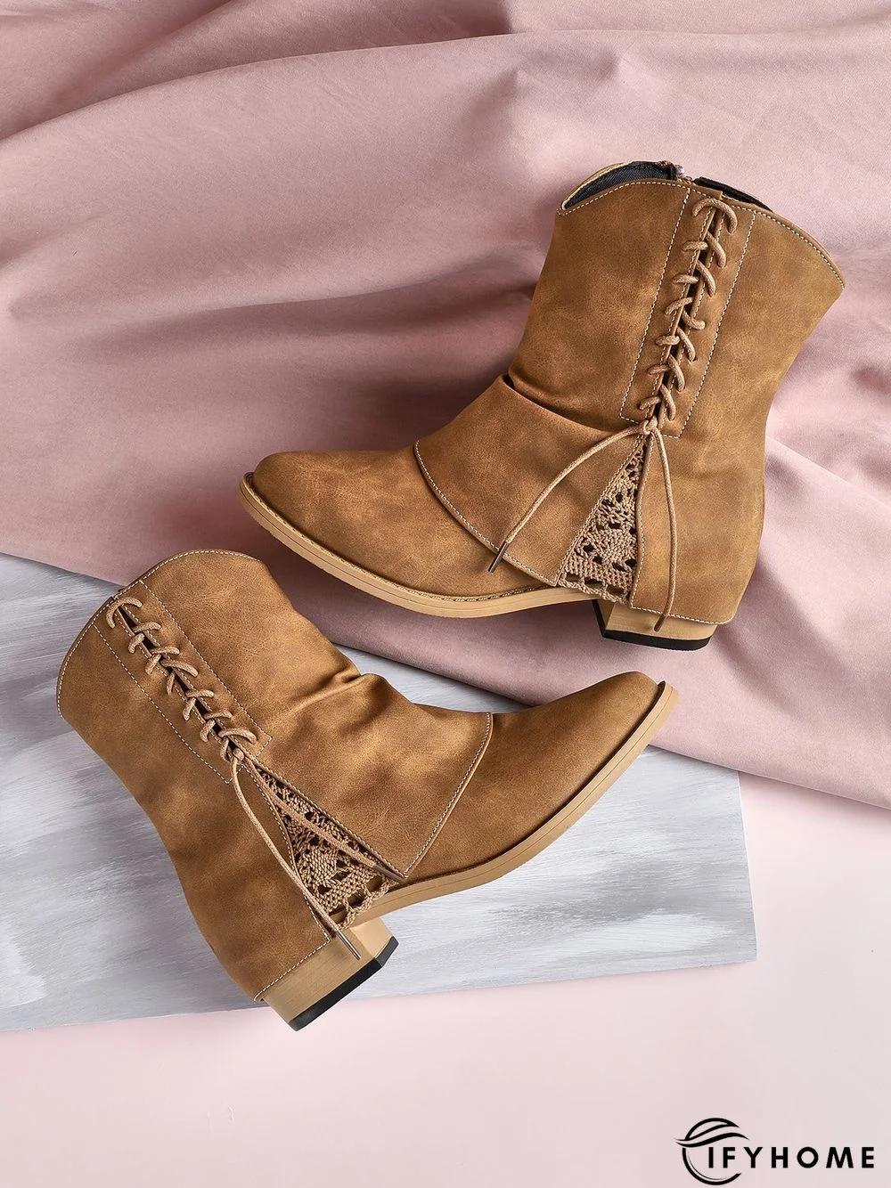 Women's Cross Lace Lace Panel Vintage Chunky Heel Chukkas Booties | IFYHOME