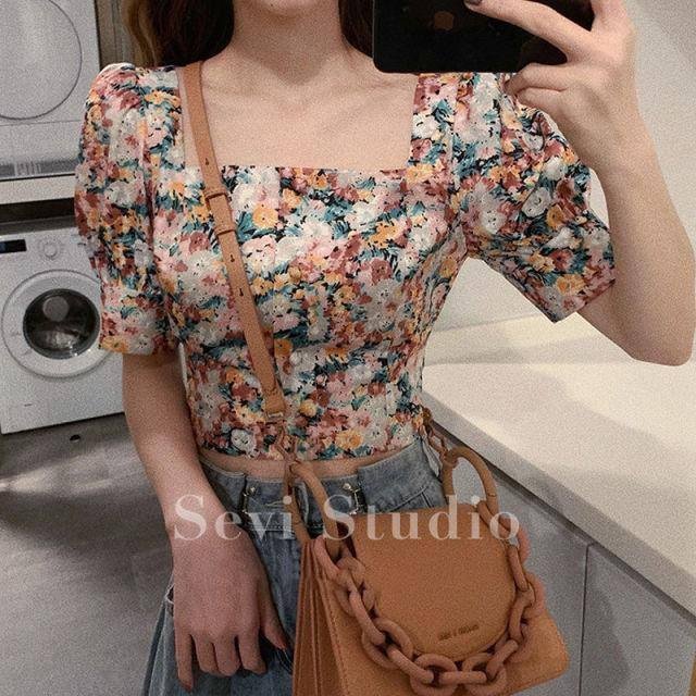 Vintage Puff Slevee Floral Blouse WInter Square Collar Women Short Designer Tops Spring Casual Korean One-Piece Clothing Ladies