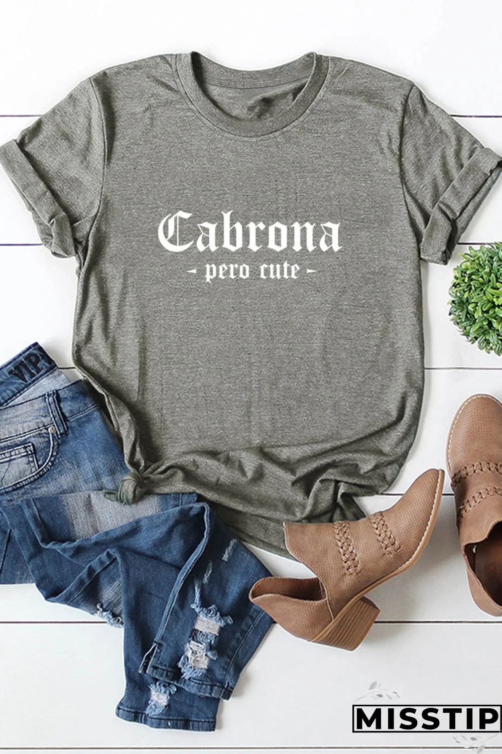 Grey Fashion Casual Letter Print Basic O Neck Tops