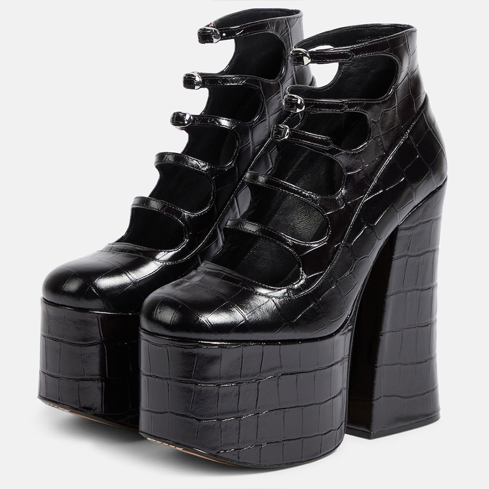 Black Croco Embossed Buckle Strap Chunky Heel Platform Ankle Boots