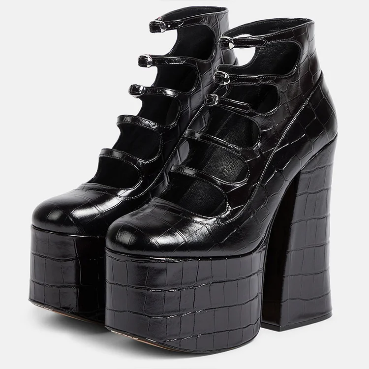 Black Croco Embossed Cutout Booties Chunky Heel Platform Ankle Boots |FSJ Shoes