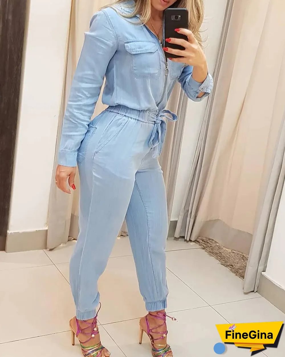 Female Long Sleeve Slim Fit Lace Up Waist Jumpsuit Casual Jumpsuits