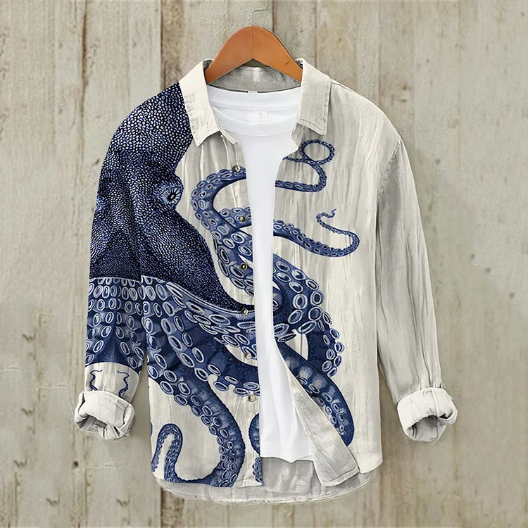 Japanese Art Octopus Printed Long Sleeves Shirt