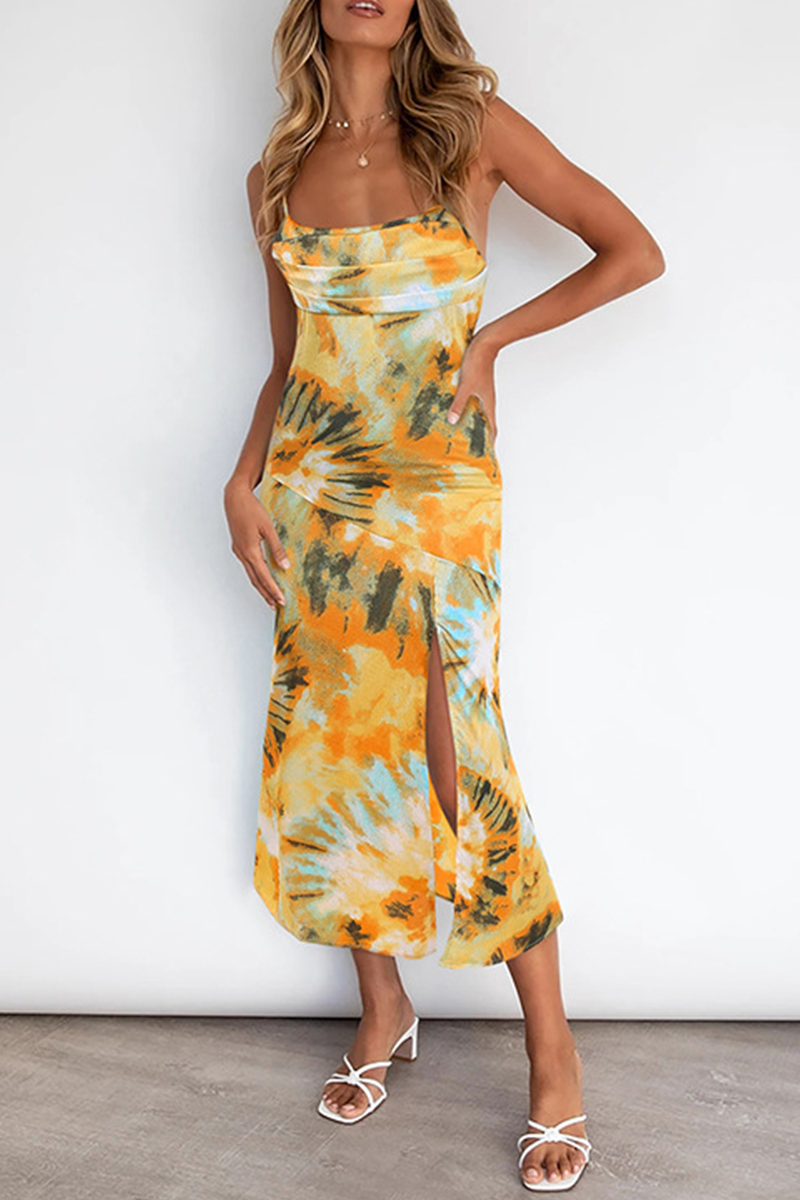 Elegant Print Split Joint Slit Strapless Sling Dress Dresses