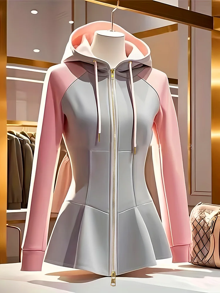 Women's Retro Hooded Sweatshirt - Gray & Pink Color-Block Pullover With Adjustable Drawstring Hood, Elastic Cuffs & Waistband, Side Pockets - Lightweight Spring/Fall Jacket, Machine Washable, Sweater Hoodie, Spring Jacket, Sporty Style, Easy Care