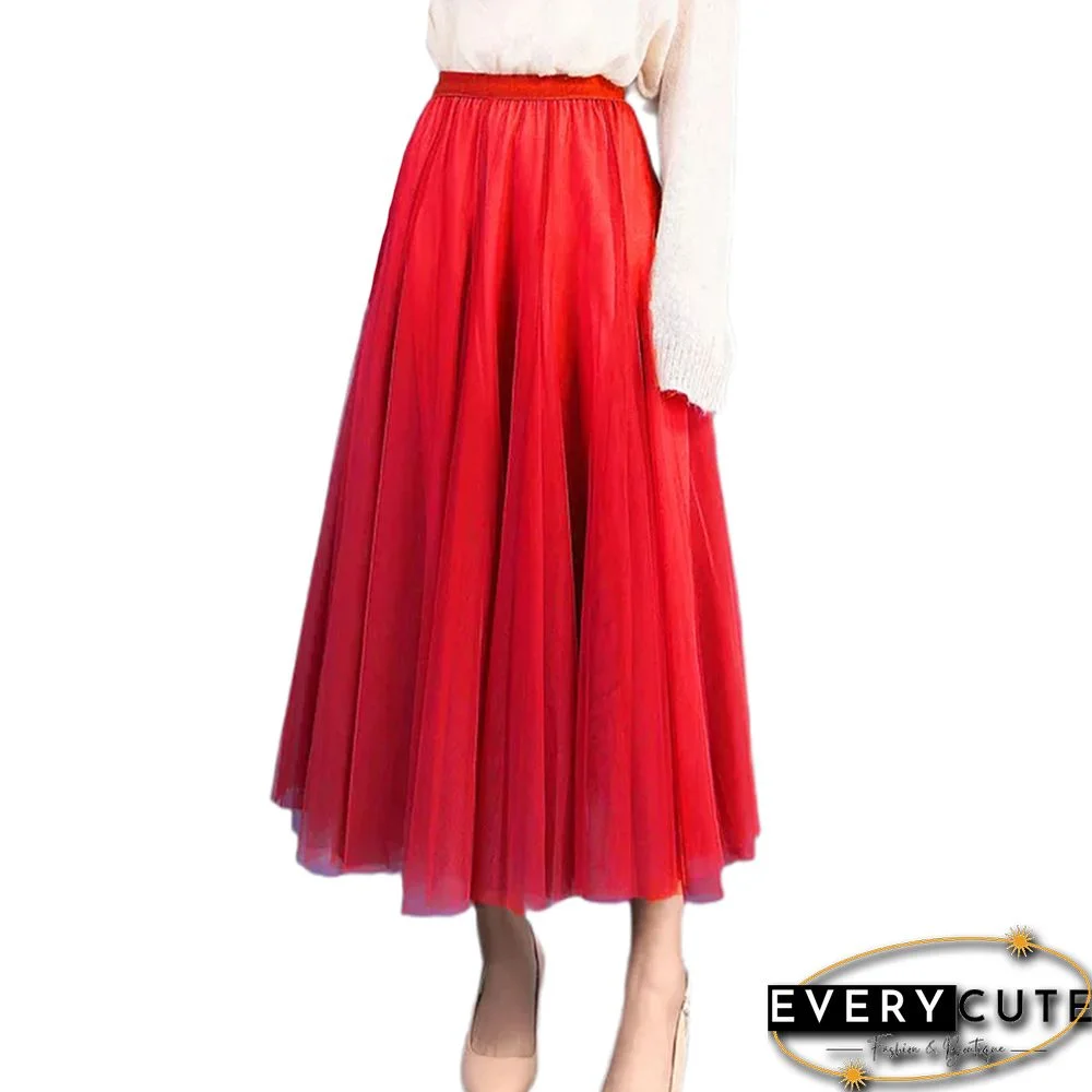 Red Pleated Tulle A-line High Waist Skirt