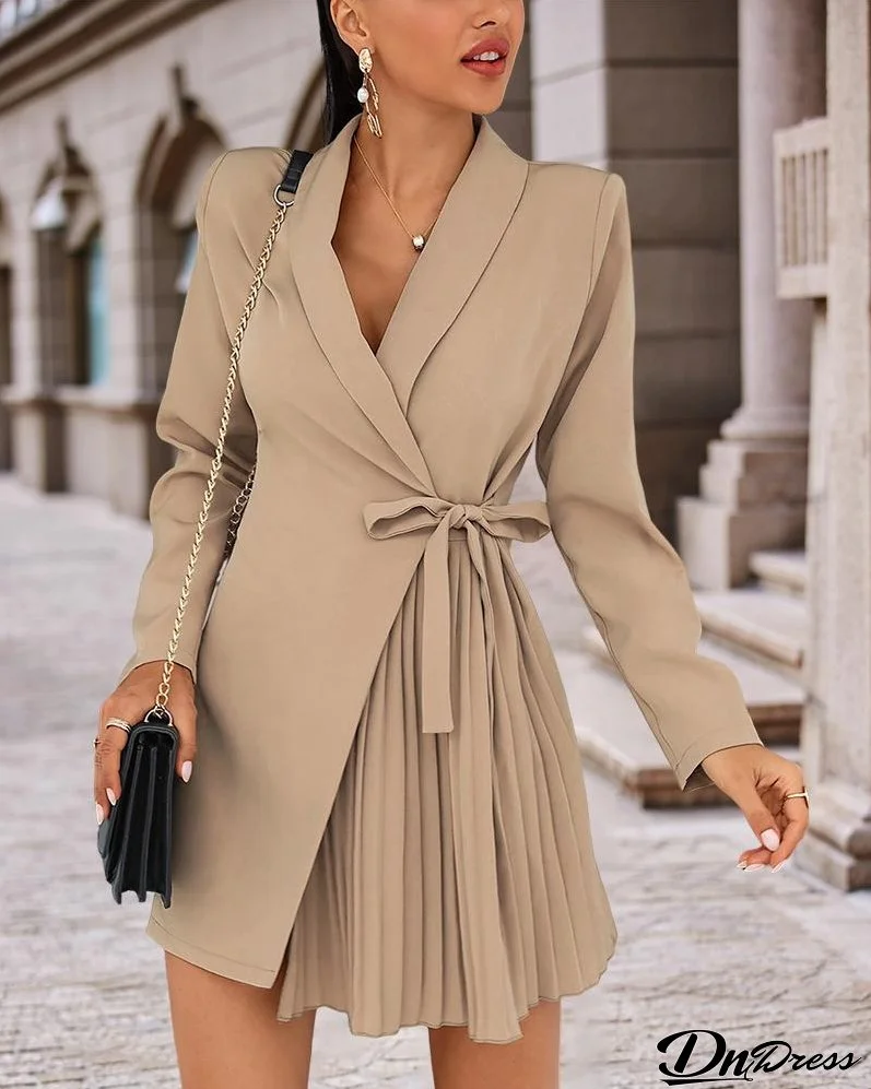 Long Sleeve Tied Detail Pleated Work Dress