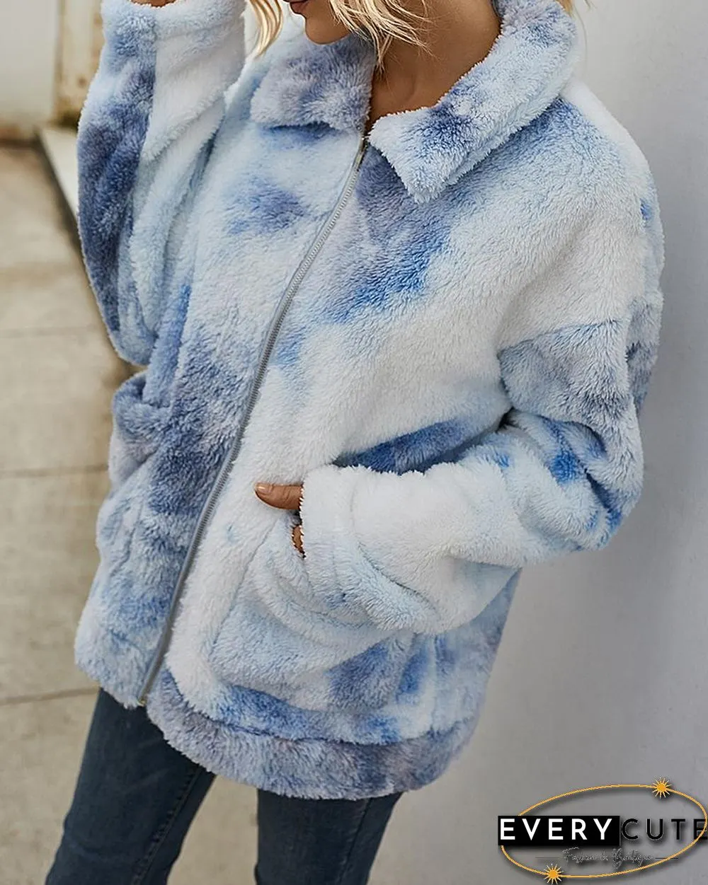 Tie Dye Print Fluffy Pockets Teddy Coat