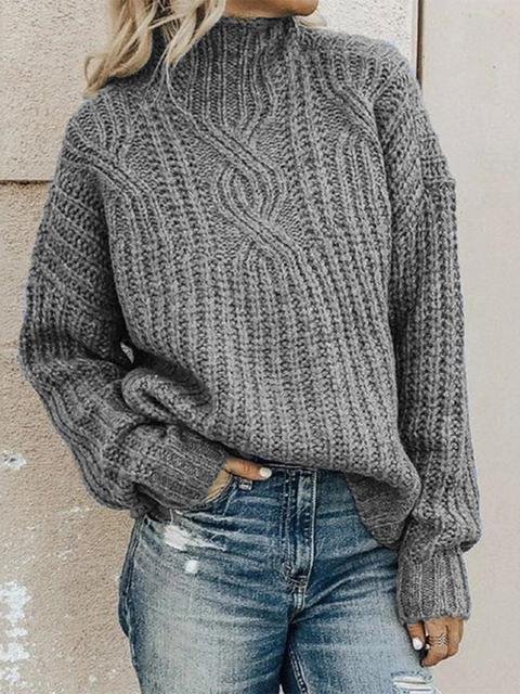 Round Neckline Solid Casual Loose Regular Sweater-elleschic