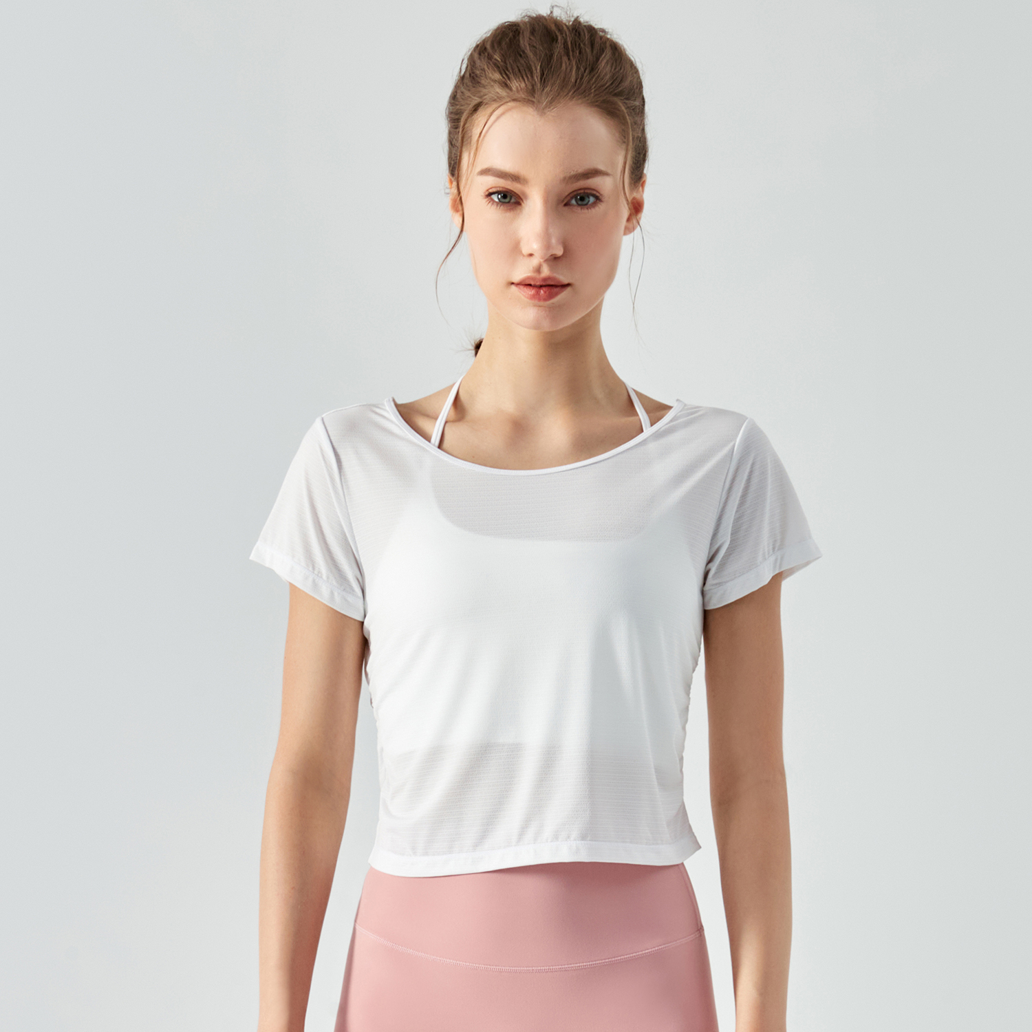Buy pleated back hollow-out buttery soft cool sports running cropped t shirts of high quality on Hergymclothing White
