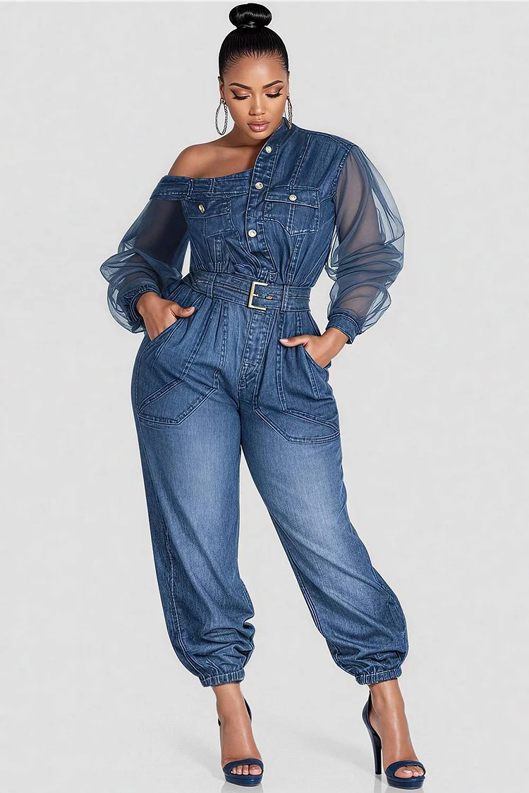 Xpluswear Design Plus Size Business Casual Light Blue Oblique Collar Long Sleeve Contrast Casual Jogging Denim Jumpsuits [Pre-Order]