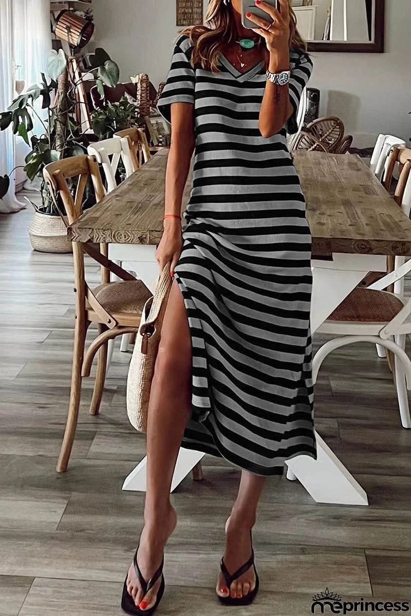 Casual Striped Patchwork V Neck A Line Short Sleeve Dress