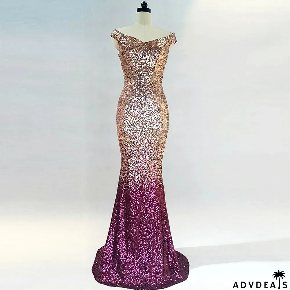 Off Shoulder Gradient Sequins Formal Party Evening Dress Long Slim Fashion Dress Women's Mermaid Gown