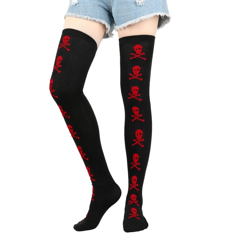 Halloween Retro Women’s Bat Blood Stains Skull Polyester Cotton Over The Knee Socks A Pair