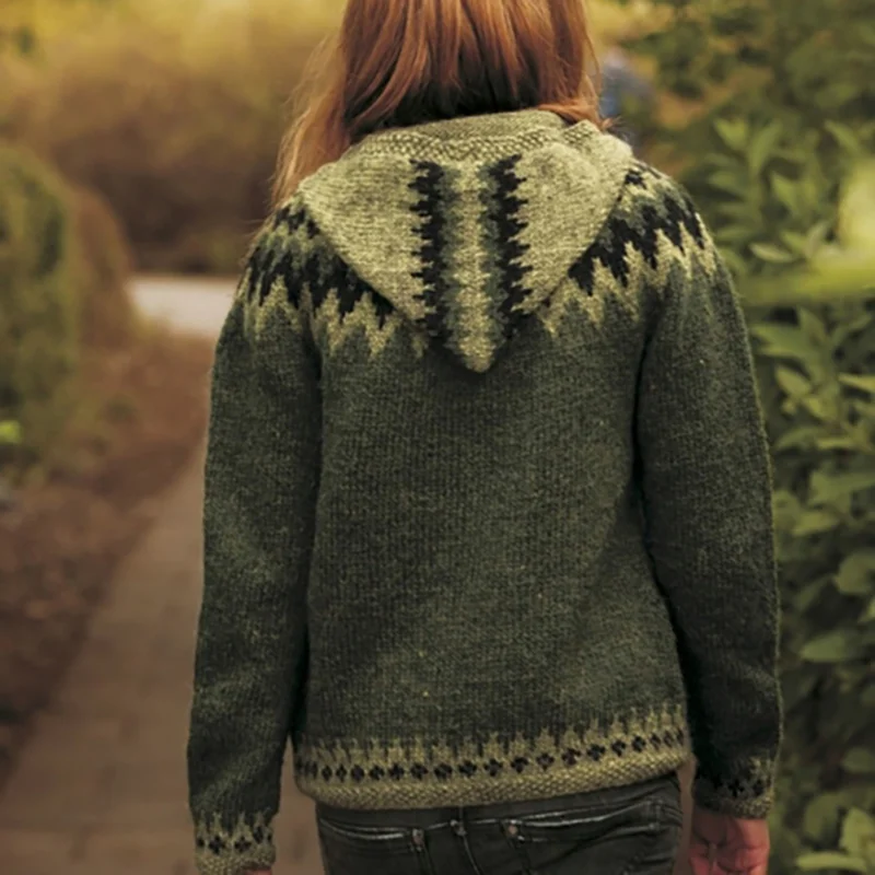 Fairman Island Wave Contrast Jacquard Hooded Sweater