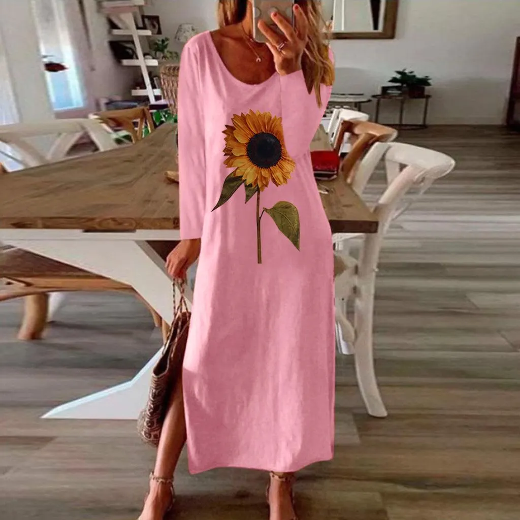 Sunflower 3D Print Split Summer Autumn Dress Women Elegant 2020 White Long Sleeve Plus Size Maxi Dresses for Women Vestidos
