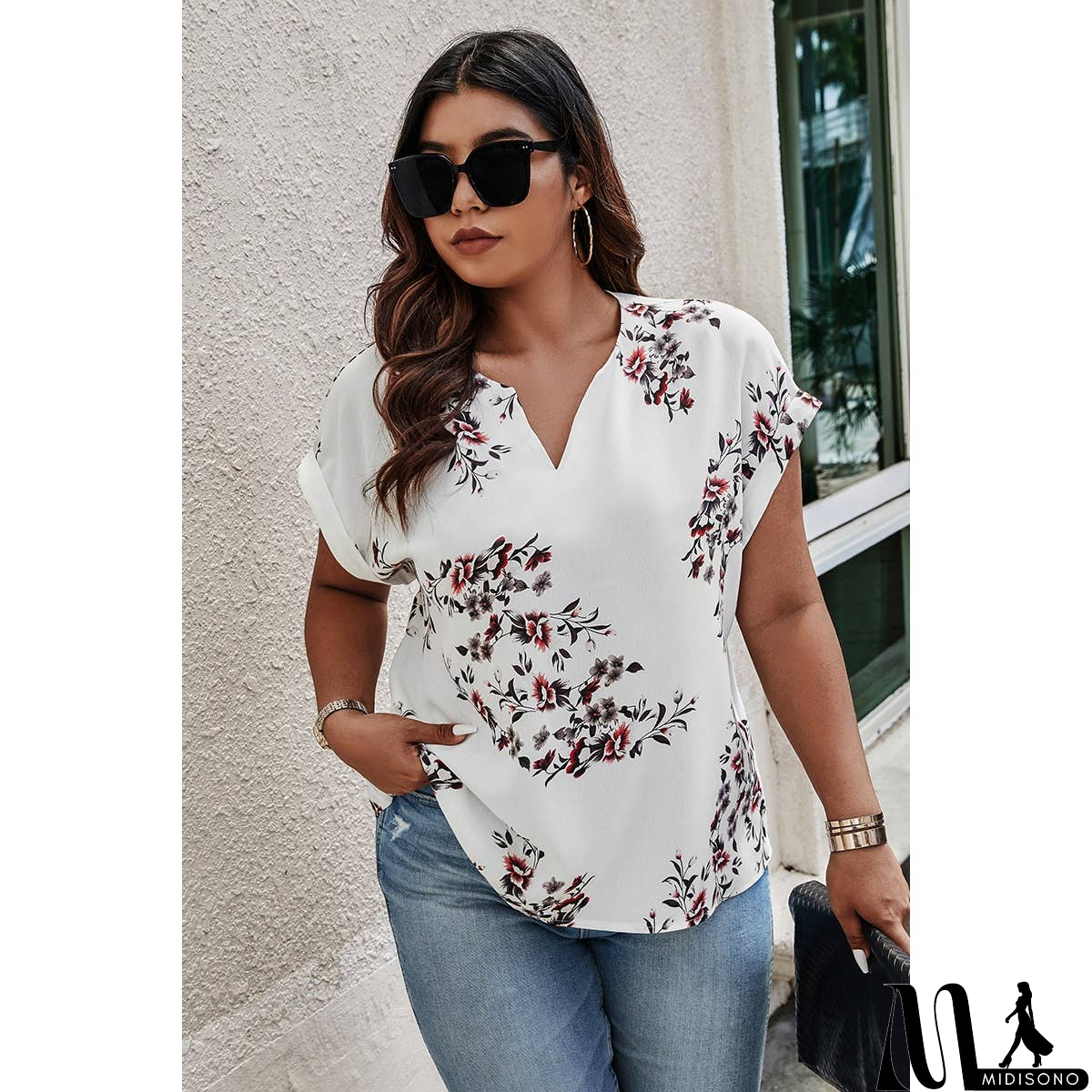 MidiSono - Plus Size Floral Print V Neck Loose Blouse