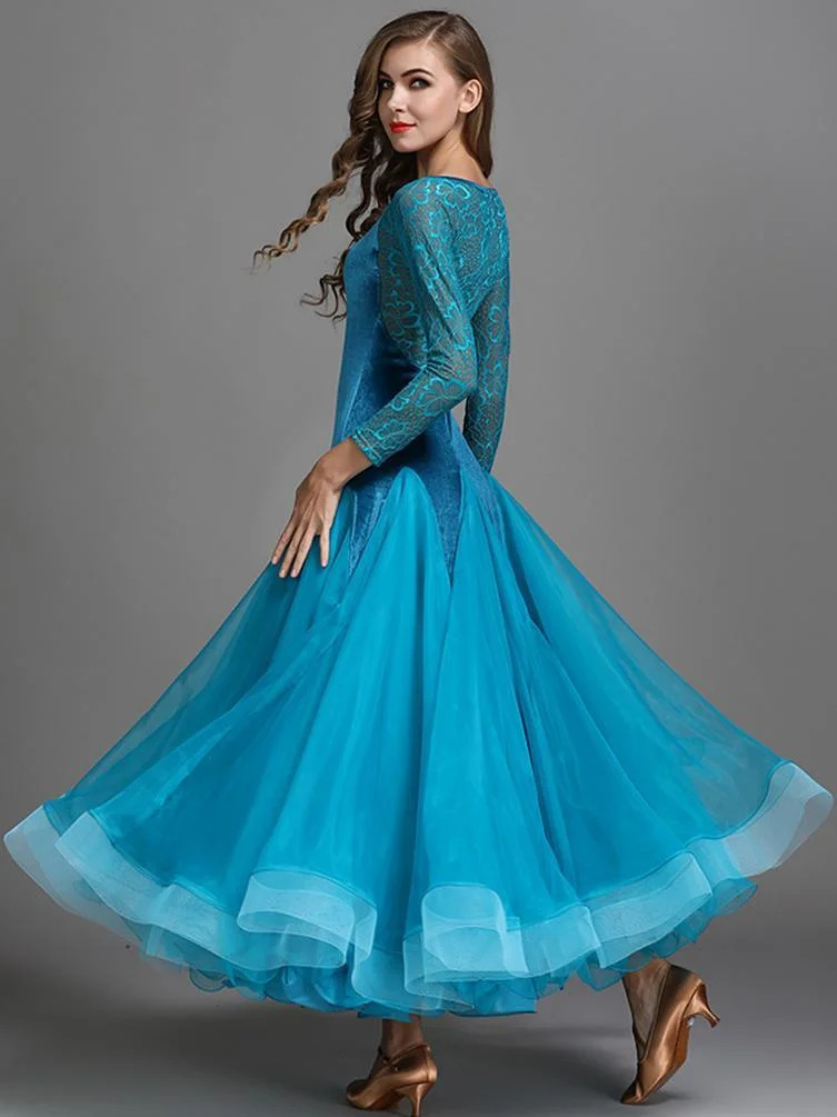 Long Sleeves Ballroom Dance Dress Big Swing Rhinestone Velvet Dresses ...