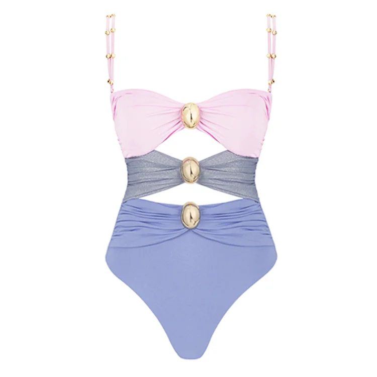 Color Block One Piece Swimsuit and Sarong 